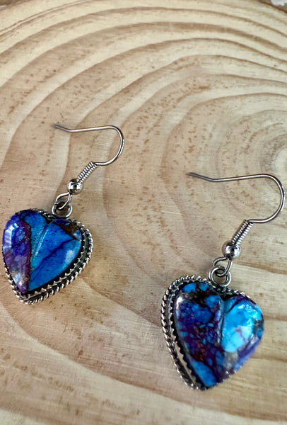 L. ARCHULETA PURPLE Spiney Oyster Turquoise Hearts Sterling Silver Dangle Earrings