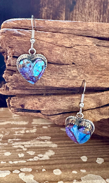 L. ARCHULETA PURPLE Spiney Oyster Turquoise Hearts Sterling Silver Dangle Earrings