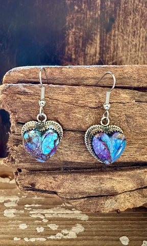 L. ARCHULETA PURPLE Spiney Oyster Turquoise Hearts Sterling Silver Dangle Earrings