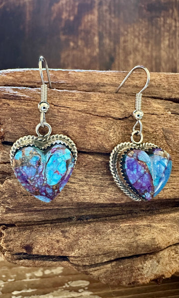 L. ARCHULETA PURPLE Spiney Oyster Turquoise Hearts Sterling Silver Dangle Earrings