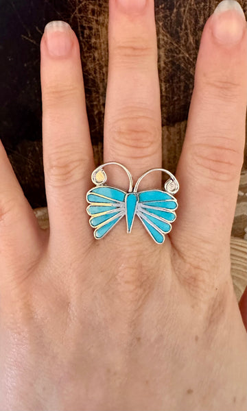 EMMA EDAAKIE ZUNI Butterfly Turquoise and Silver Ring • Multiple Sizes Available