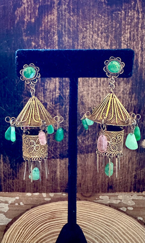 30s JADE CHINESE LANTERN Gold Wash & Sterling Silver Earrings