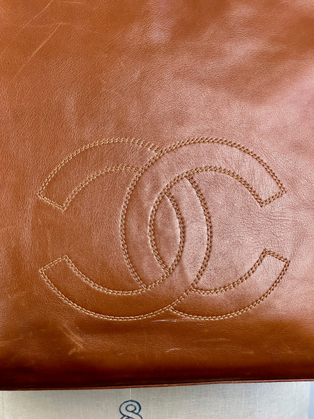 CHANEL 90s Hazelnut Lambskin Leather Stitched CC Tote • 5335949