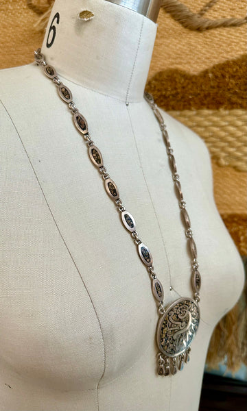 MEXICAN MEDALLION Handmade Sterling Silver & Inlayed Jasper Stone Necklace Pendant • 134g