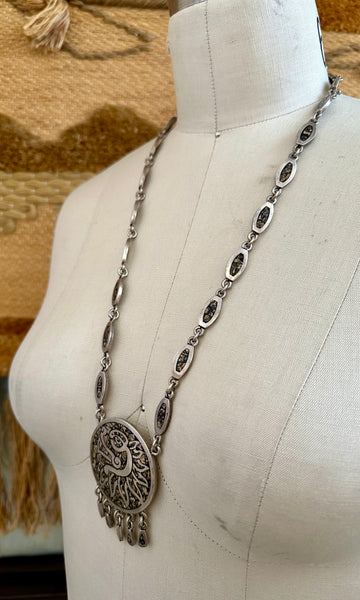 MEXICAN MEDALLION Handmade Sterling Silver & Inlayed Jasper Stone Necklace Pendant • 134g