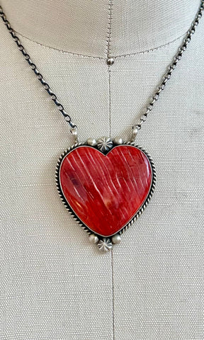 ALFRED MARTINEZ Navajo Handmade Sterling Silver & Spiny Oyster Heart Necklace Pendant • 30g