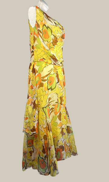 GARDEN PARTY 20s Sheer Silk Chiffon Floral Dress • X Small