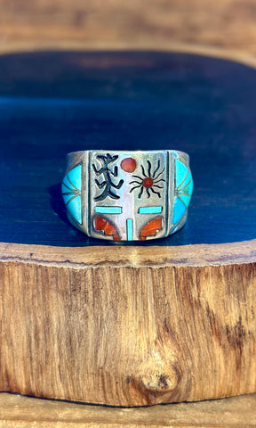 MEDICINE MASK ZUNI Vintage Inlay Men's Ring  • Sz. 13