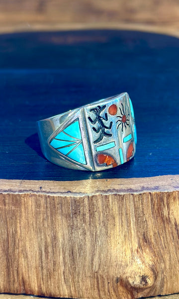 MEDICINE MASK ZUNI Vintage Inlay Men's Ring  • Sz. 13