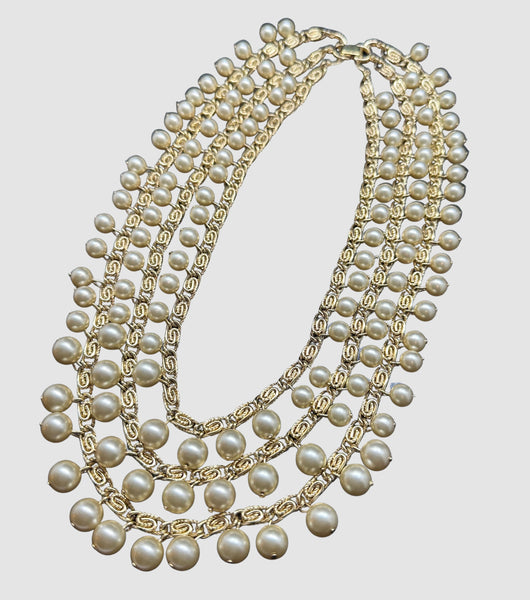 TRIFARI Vintage 80s 90s Statement Necklace w/ Gold Plated Three Strand Snail Chain and Pearl Beads