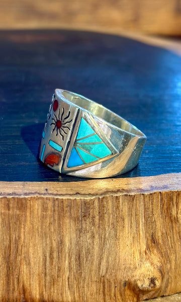 MEDICINE MASK ZUNI Vintage Inlay Men's Ring  • Sz. 13