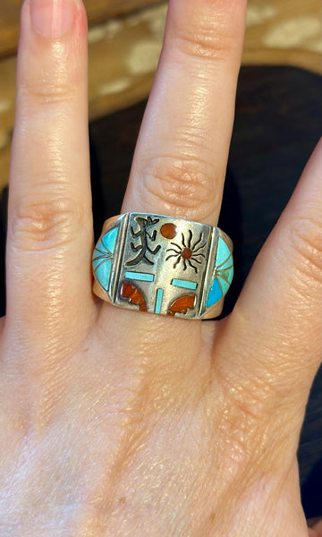 MEDICINE MASK ZUNI Vintage Inlay Men's Ring  • Sz. 13