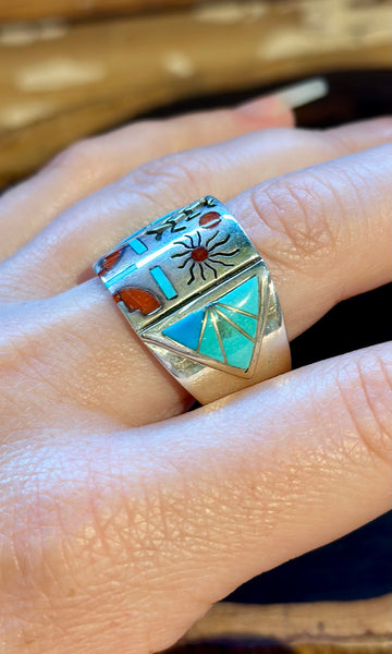 MEDICINE MASK ZUNI Vintage Inlay Men's Ring  • Sz. 13