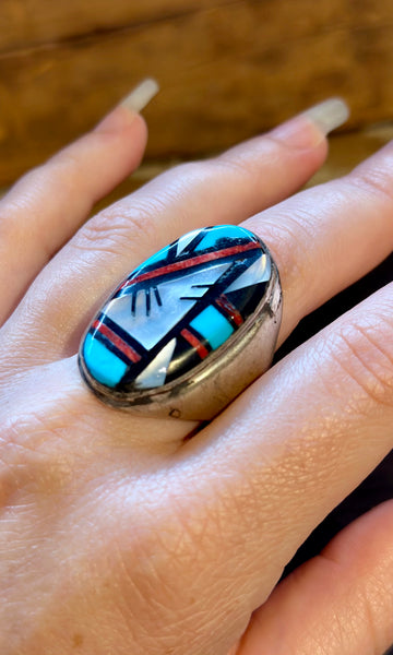 RAYMOND BOBELU ZUNI Multi-Stone Inlay Men's Ring • Sz. 12.5