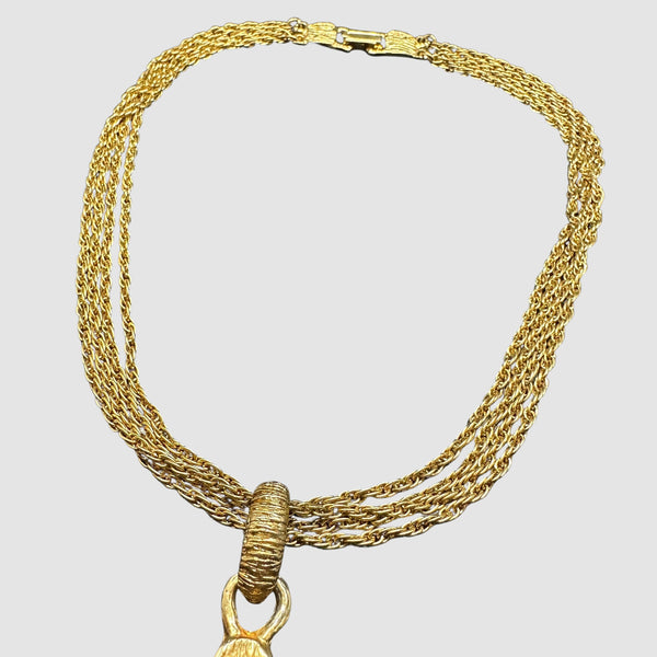 MYSTICAL PYRAMID Vintage 60s 70s Four Chain Gold Tone Necklace w/ Gem Set Pendant