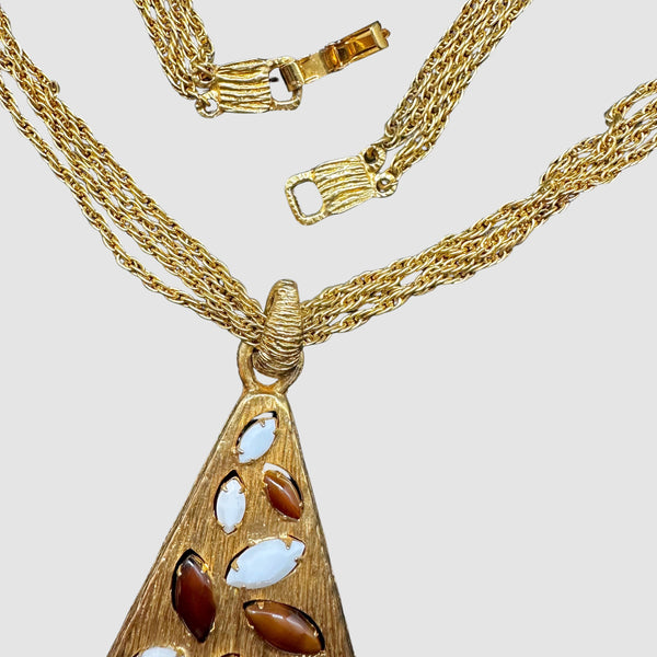 MYSTICAL PYRAMID Vintage 60s 70s Four Chain Gold Tone Necklace w/ Gem Set Pendant