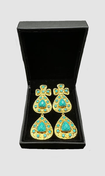 VALÉRE Vintage 80s Gold Plated Earrings w/ Turquoise Color Stones Clip- On Dangle Earrings  w/ Box