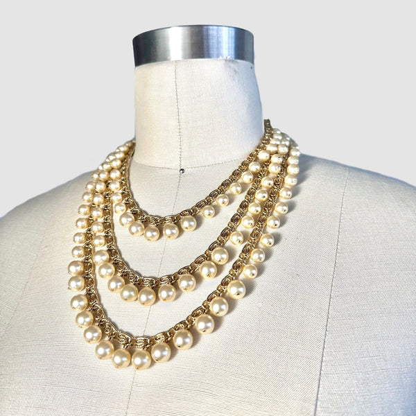 TRIFARI Vintage 80s 90s Statement Necklace w/ Gold Plated Three Strand Snail Chain and Pearl Beads