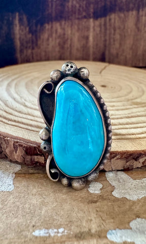 BIG BLUE VINTAGE 70s Turquoise & Sterling Silver Ring • Size 5 1/4