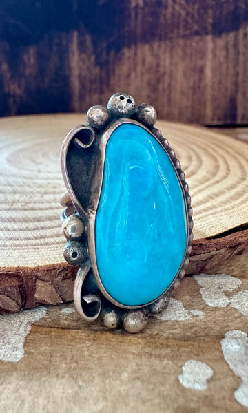 BIG BLUE VINTAGE 70s Turquoise & Sterling Silver Ring • Size 5 1/4