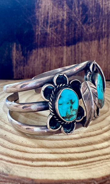 70s FLOWER APPLIQUE Turquoise & Sterling Silver Cuff • 52g