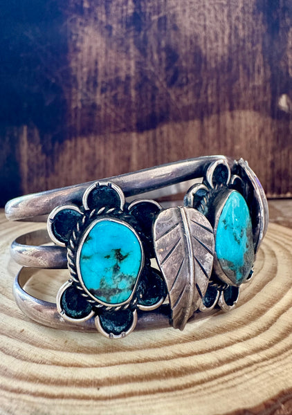 70s FLOWER APPLIQUE Turquoise & Sterling Silver Cuff • 52g