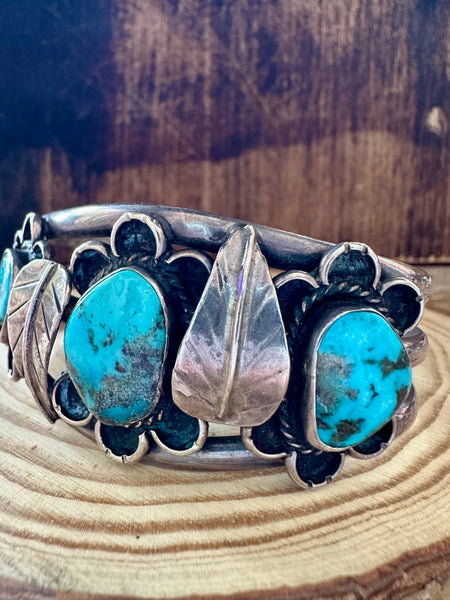 70s FLOWER APPLIQUE Turquoise & Sterling Silver Cuff • 52g