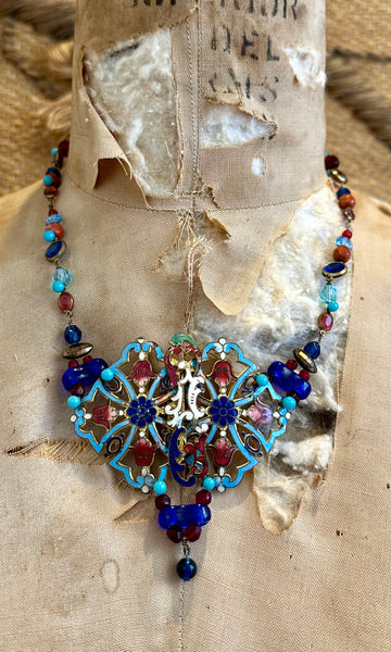 VINTAGE UPCYCLED NECKLACE 30s Enamel Belt Pendant Bead Chain Necklace