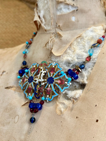 VINTAGE UPCYCLED NECKLACE 30s Enamel Belt Pendant Bead Chain Necklace