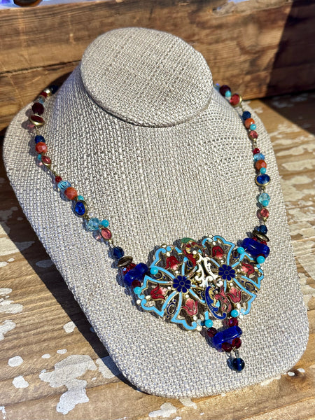 VINTAGE UPCYCLED NECKLACE 30s Enamel Belt Pendant Bead Chain Necklace