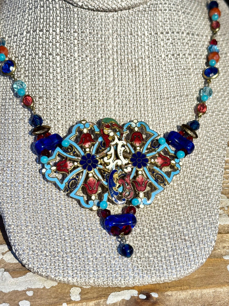 VINTAGE UPCYCLED NECKLACE 30s Enamel Belt Pendant Bead Chain Necklace