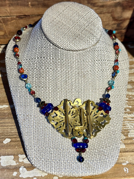 VINTAGE UPCYCLED NECKLACE 30s Enamel Belt Pendant Bead Chain Necklace