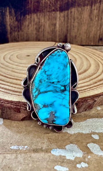 VINTAGE BIG BLUE Turquoise & Sterling Silver Ring • Size 8 1/4