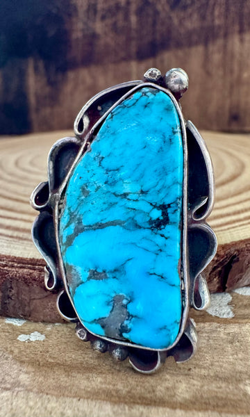 VINTAGE BIG BLUE Turquoise & Sterling Silver Ring • Size 8 1/4