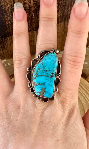 VINTAGE BIG BLUE Turquoise & Sterling Silver Ring • Size 8 1/4