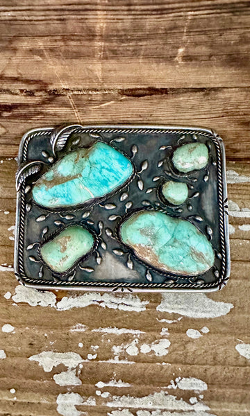 SUPER SIZE ME 1970s Large Silver & Turquoise Belt Buckle 210g