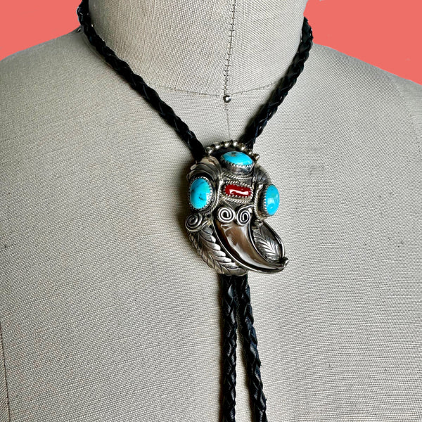 FRED WEEKOTY FW Turquoise, Spiney Oyster, Claw & Sterling Silver Bolo Tie w/ Leather Cord