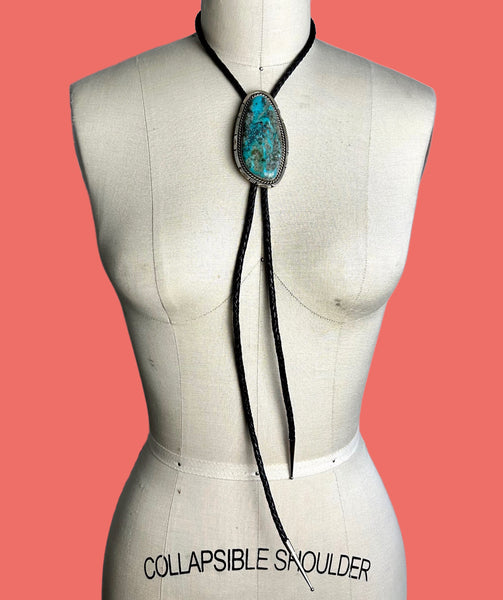 STONE IN LOVE Eddie Secatero Large Turquoise & Sterling Silver Bolo Tie w/ Leather Cord