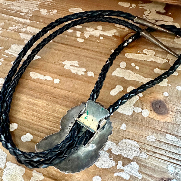 FRED WEEKOTY FW Turquoise, Spiney Oyster, Claw & Sterling Silver Bolo Tie w/ Leather Cord