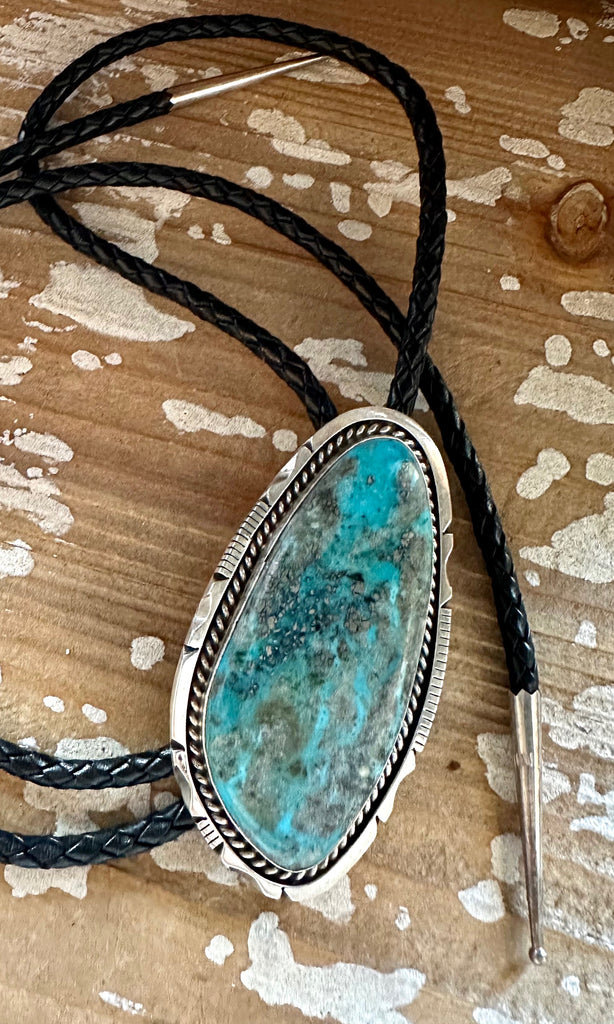 STONE IN LOVE Eddie Secatero Large Turquoise & Sterling Silver Bolo Tie w/ Leather Cord