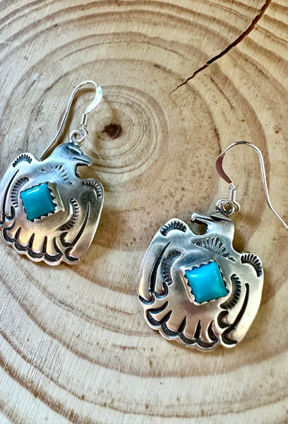 ROBERTA BEGAY Running Bear Sterling Silver & Turquoise Thunderbird Earrings