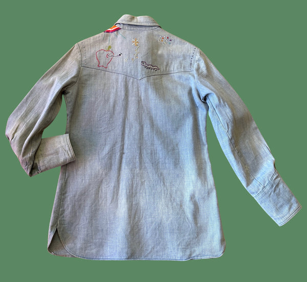 LADY WRANGLER 70s Hand Embroidered Denim Shirt • Small