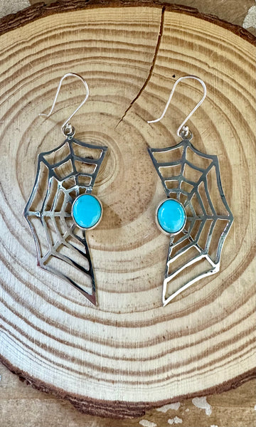 WEBBED OUT Sterling Silver and Turquoise Dangle Spiderweb Earrings