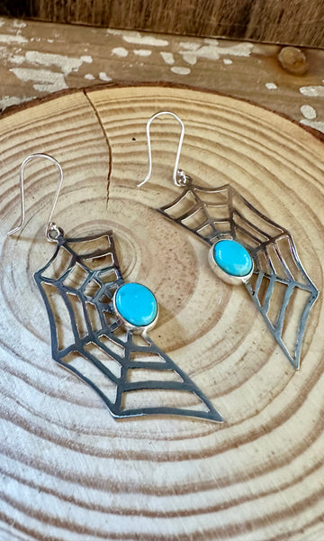 WEBBED OUT Sterling Silver and Turquoise Dangle Spiderweb Earrings