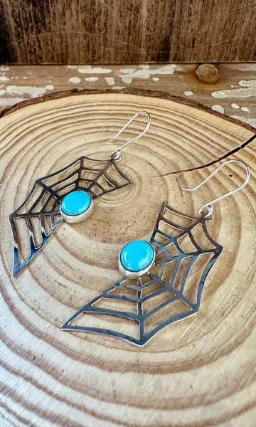 WEBBED OUT Sterling Silver and Turquoise Dangle Spiderweb Earrings