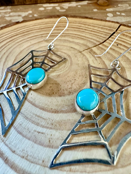 WEBBED OUT Sterling Silver and Turquoise Dangle Spiderweb Earrings