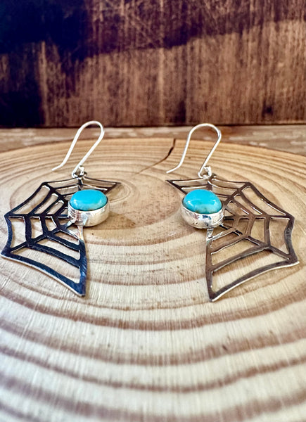 WEBBED OUT Sterling Silver and Turquoise Dangle Spiderweb Earrings