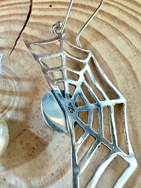 WEBBED OUT Sterling Silver and Turquoise Dangle Spiderweb Earrings