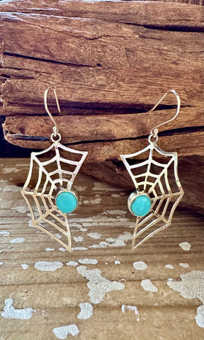 WEBBED OUT Sterling Silver and Turquoise Dangle Spiderweb Earrings