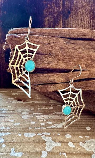 WEBBED OUT Sterling Silver and Turquoise Dangle Spiderweb Earrings